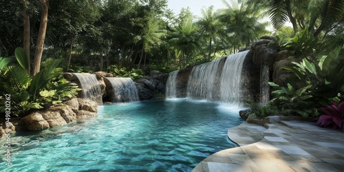 Tropical pool with waterfalls and lush greenery.