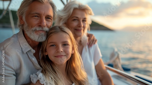 adult couple sitting with their young granddaughter while on a boat.