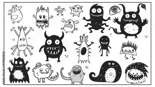 set of doodle cartoon characters color page, humor funny monster zombie aliens random fun hand drawn black outlines for print for kids coloring sheet book