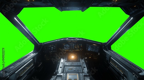 Fototapeta Naklejka Na Ścianę i Meble -  Futuristic spaceship cockpit pilot view with green screen for compositing, advanced control panels, immersive sci-fi design, new beautiful stock image illustration AI.