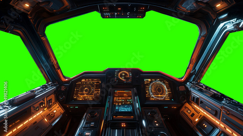 Fototapeta Naklejka Na Ścianę i Meble -  Futuristic spaceship cockpit pilot view with green screen for compositing, advanced control panels, immersive sci-fi design, new beautiful stock image illustration AI.