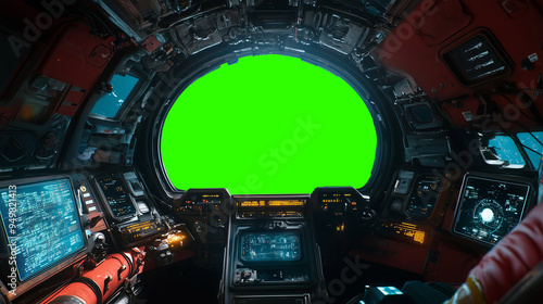 Fototapeta Naklejka Na Ścianę i Meble -  Futuristic spaceship cockpit pilot view with green screen for compositing, advanced control panels, immersive sci-fi design, new beautiful stock image illustration AI.