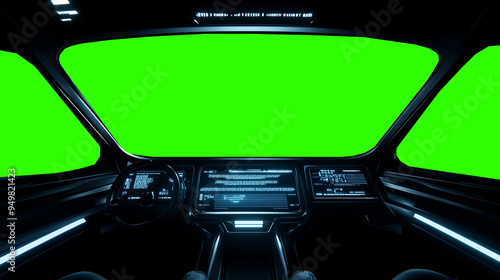 Futuristic spaceship cockpit pilot view with green screen for compositing, advanced control panels, immersive sci-fi design, new beautiful stock image illustration AI.