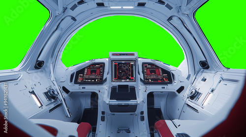 Fototapeta Naklejka Na Ścianę i Meble -  Futuristic spaceship cockpit pilot view with green screen for compositing, advanced control panels, immersive sci-fi design, new beautiful stock image illustration AI.