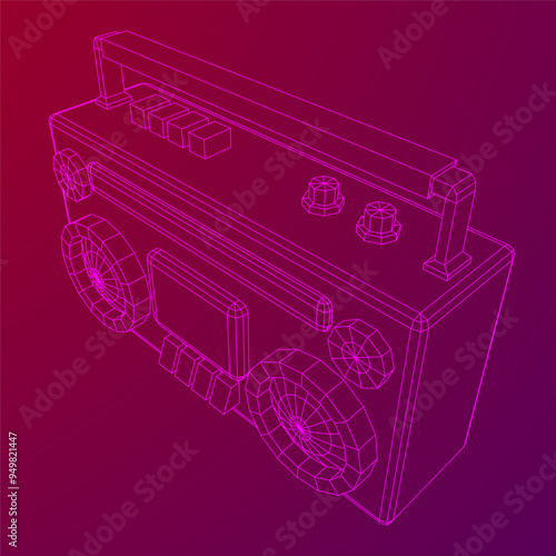 Retro Boombox outdated portable cassette tape recorder. Wireframe low poly mesh vector illustration.