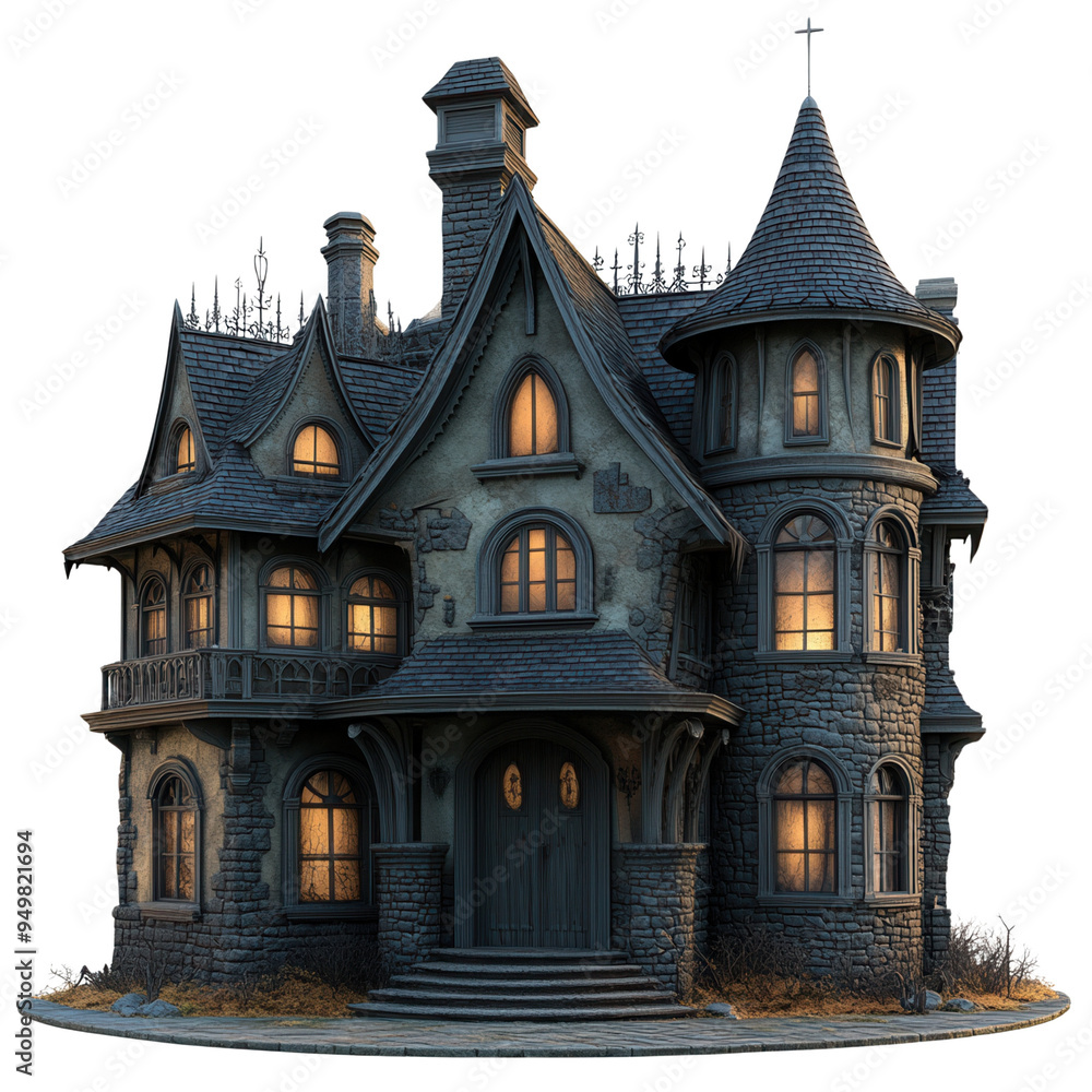 Spooky haunted house with lit windows and eerie atmosphere, perfect for Halloween themes and mysterious designs. Spooky haunted house with lit windows and eerie atmosphere, perfect for Halloween themes and mysterious designs.