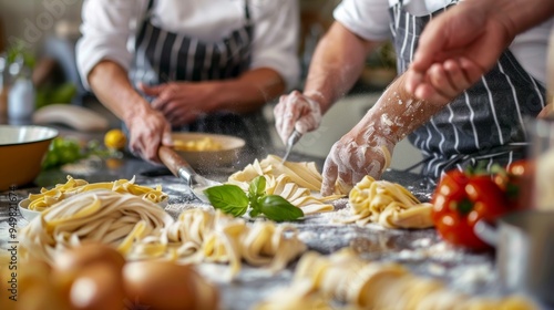 Middle-Aged Friends in Cooking Class Making Homemade Pasta with Chef Guidance