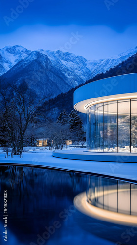 Futuristic Glass Pavilion Amid Snowy Mountain Backdrop photo