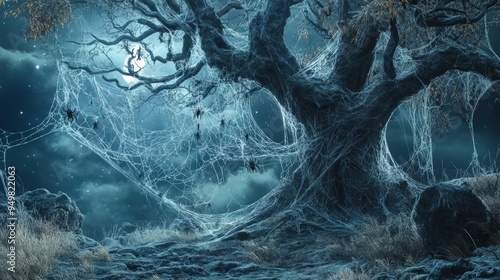 Halloween tree with cobwebs and spiders