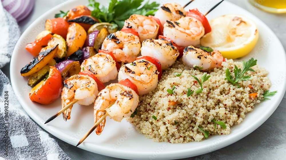 Plate of grilled shrimp skewers served with a side of quinoa and roasted vegetables presented on a white plate Plate of grilled shrimp skewers served with a side of quinoa and roasted vegetables presented on a white plate