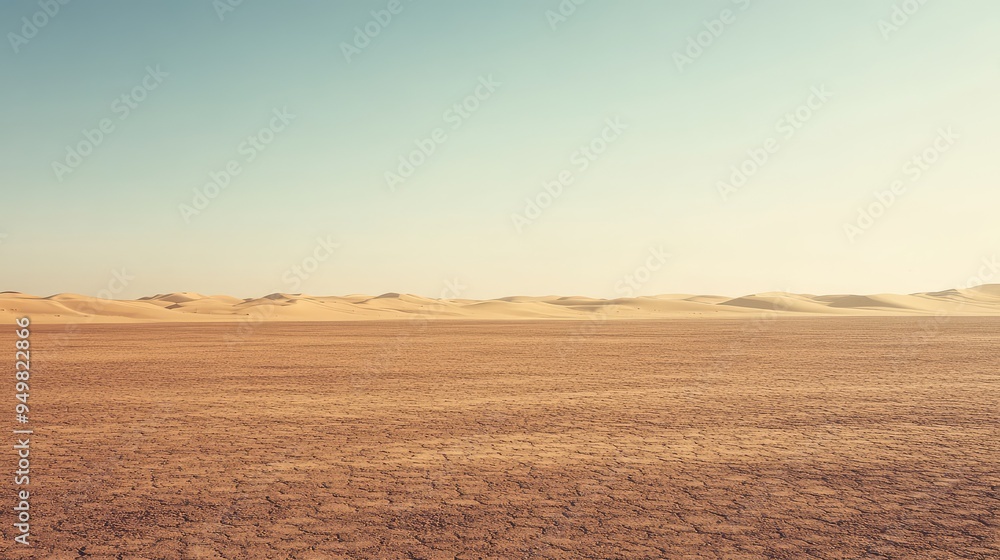 Fototapeta premium Photograph of a vast, empty desert with distant echoes of dunes and a horizon that fades into infinity.