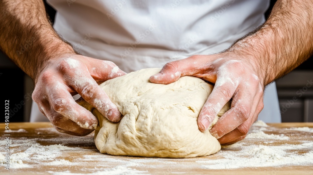 A baker's hands are kneading dough for bread isolated on a black background A baker's hands are kneading dough for bread isolated on a black background
