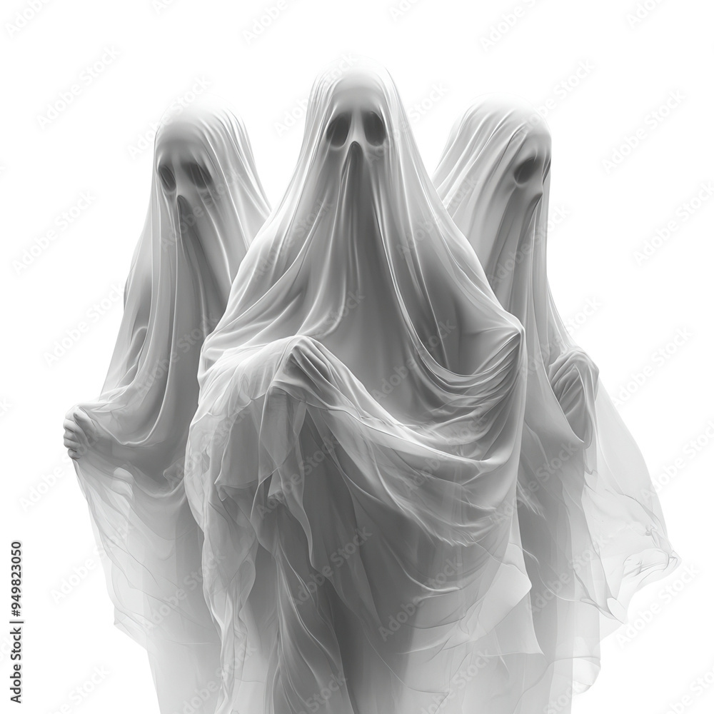 Three eerie and ghostly figures draped in white, transparent sheets creating a spooky and haunting atmosphere, perfect for Halloween themes. Three eerie and ghostly figures draped in white, transparent sheets creating a spooky and haunting atmosphere, perfect for Halloween themes.