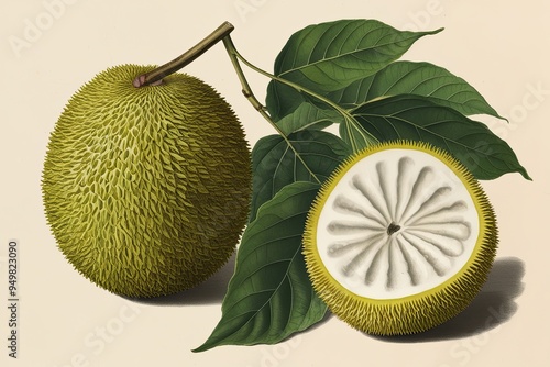 Vintage Botanical Illustration of Isolated Tropical Jackfruit with Classic Foliage