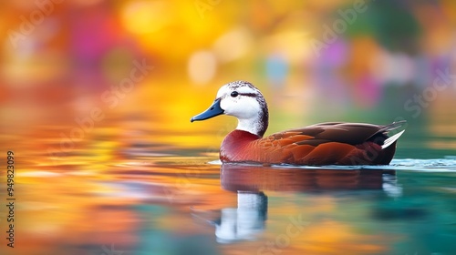 Duck swims in colorful lake. photo