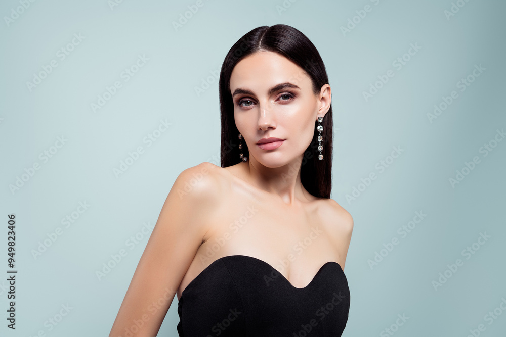 Naklejka premium Photo of stunning lady star look wear glamour black outfit gown isolated grey color background