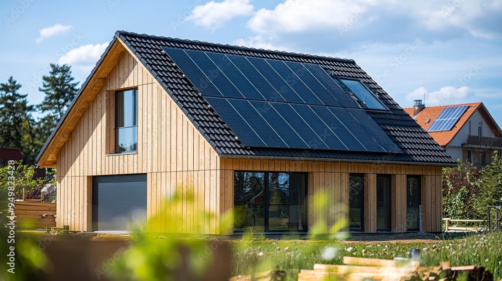 Modern eco-friendly house with solar panels on the roof in a sunny suburban area Modern eco-friendly house with solar panels on the roof in a sunny suburban area