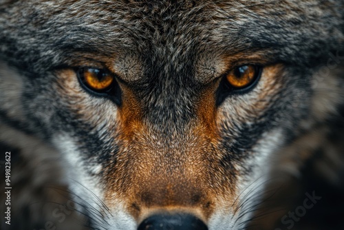 Close-up of a Wolf's Face with Intense Golden Eyes photo