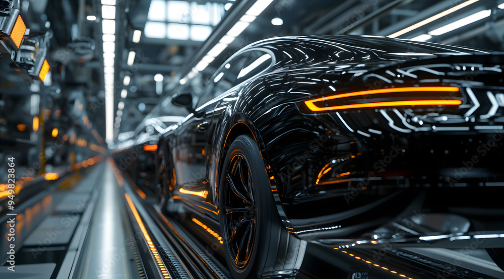 Close-Up of a Black Car in an Advanced Factory with Lifelike Robotic Arms, Highlighting Precision Engineering, Automation, and the Integration of Cutting-Edge Technology in Modern Automotive Manufactu Close-Up of a Black Car in an Advanced Factory with Lifelike Robotic Arms, Highlighting Precision Engineering, Automation, and the Integration of Cutting-Edge Technology in Modern Automotive Manufactu