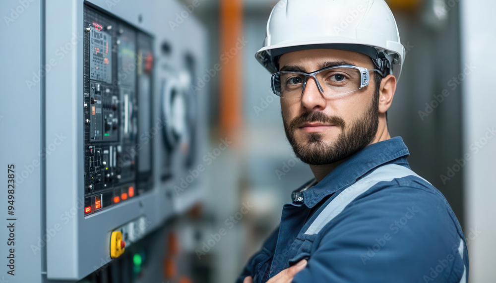 Electrician at a control panel in a hydroelectric power plant, balancing traditional and renewable energy sources Electrician at a control panel in a hydroelectric power plant, balancing traditional and renewable energy sources
