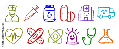Hospital Related Icon Crayon Chalk Vector Set