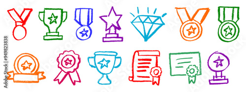 Medal Honor Award Related Icon Crayon Chalk Vector Set