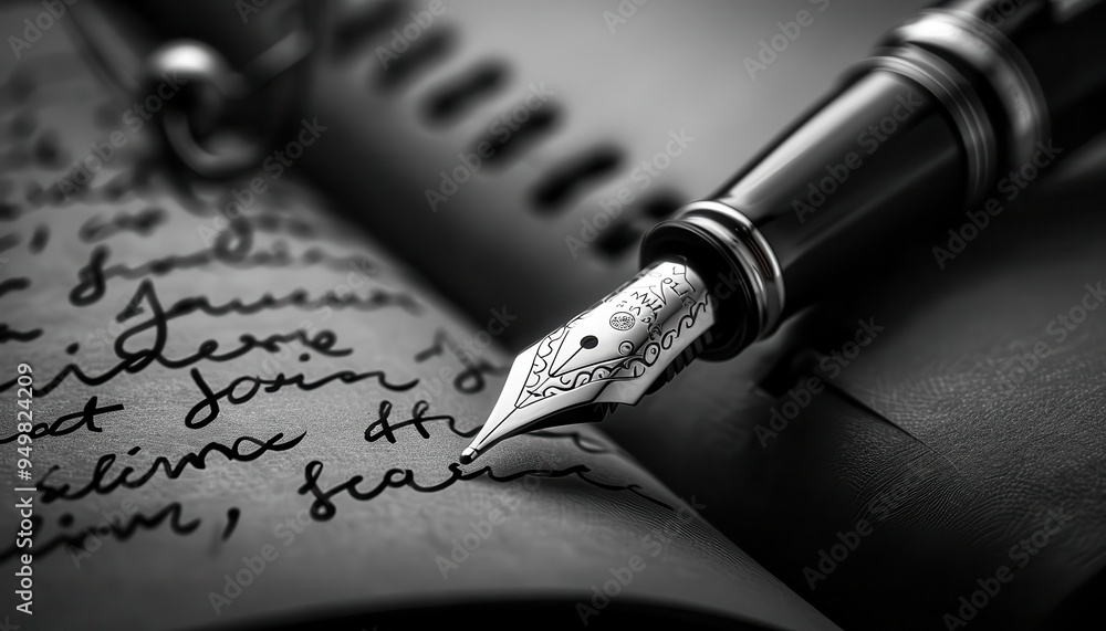 Fototapeta premium Fountain pen writing in a journal, classic and elegant, Vintage, Monochrome, Photograph, Writing elegance