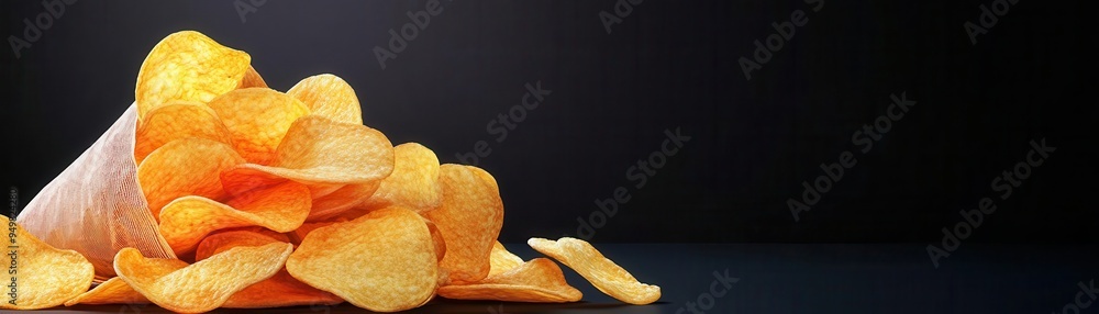 Junk food binge, glowing potato chips bag spilling, 3D illustration Junk food binge, glowing potato chips bag spilling, 3D illustration