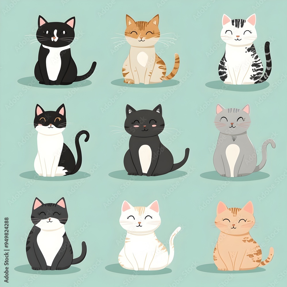 Fototapeta premium Cartoon Style Assortment of Diverse Worldwide Cat Characters on Serene Pale Robin s Egg Backdrop