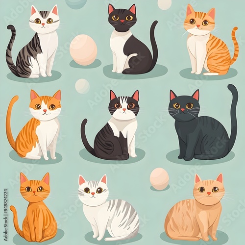 Charming Cartoon Style Feline Portraits Featuring a Variety of Domestic Cats Against a Serene Pale Robin s Egg Backdrop photo