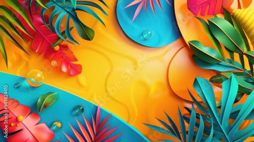 Abstract summer background with bright, bold colors and playful shapes, dynamic and fun