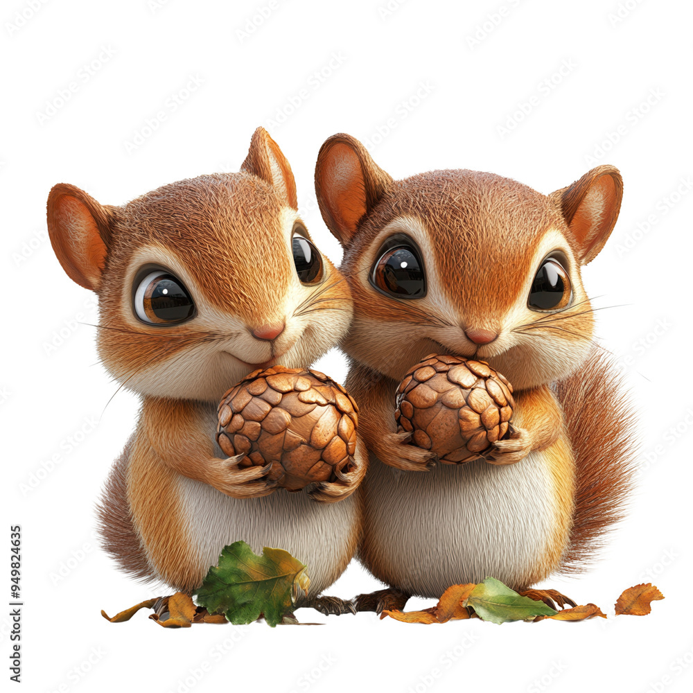 Two cute cartoon squirrels holding pine cones, surrounded by autumn leaves, with a white background. Two cute cartoon squirrels holding pine cones, surrounded by autumn leaves, with a white background.