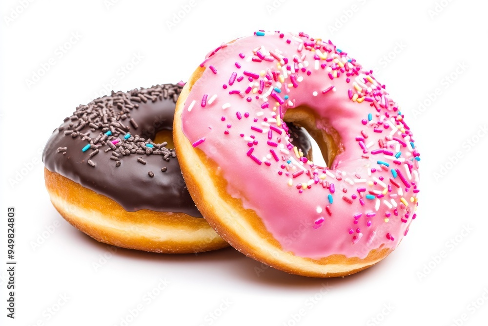 Two glazed donuts isolated on transparent background. Cut out. A 3D rendering is provided. Two glazed donuts isolated on transparent background. Cut out. A 3D rendering is provided.