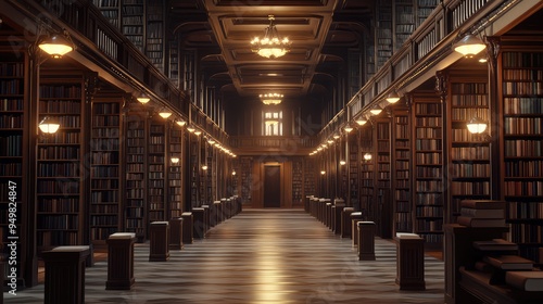 Quiet, empty library with soft lighting and rows of books, creating a contemplative and peaceful atmosphere of silent reverie. photo