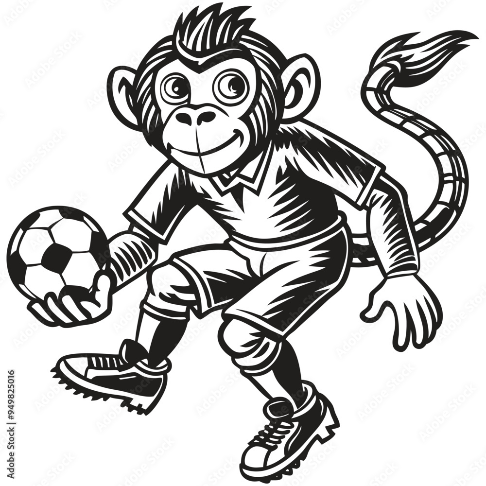 A cartoon monkey boy is playing soccer with a ball A cartoon monkey boy is playing soccer with a ball