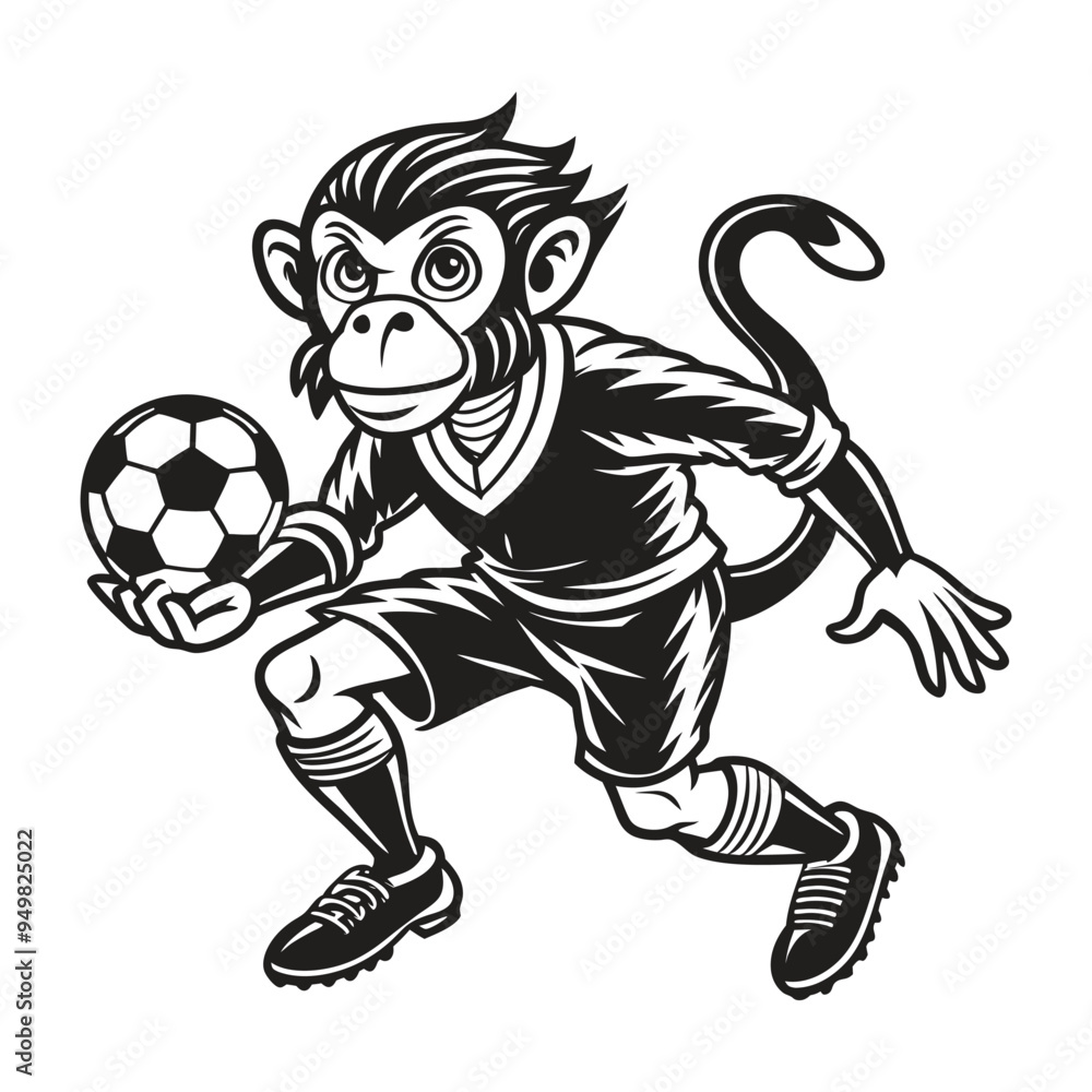 Fototapeta premium A cartoon monkey boy is playing soccer with a ball
