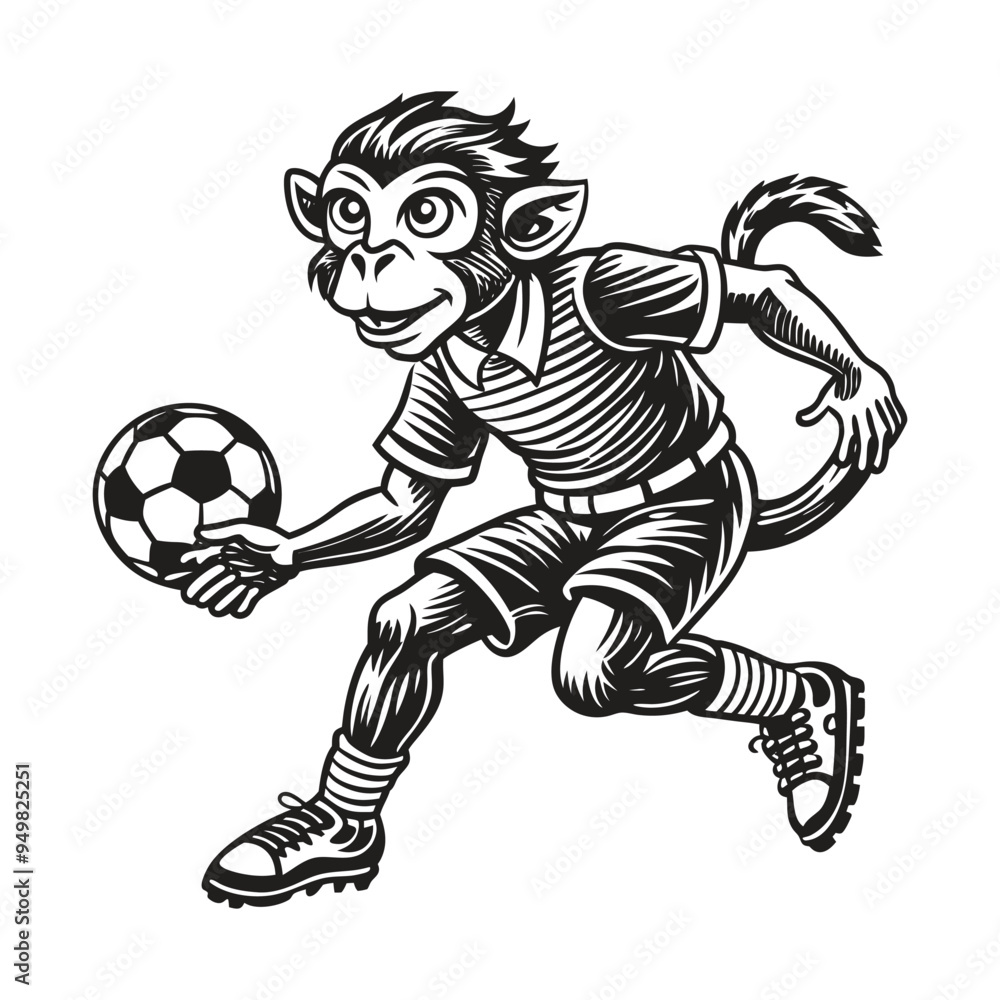 Obraz premium A cartoon monkey boy is playing soccer with a ball
