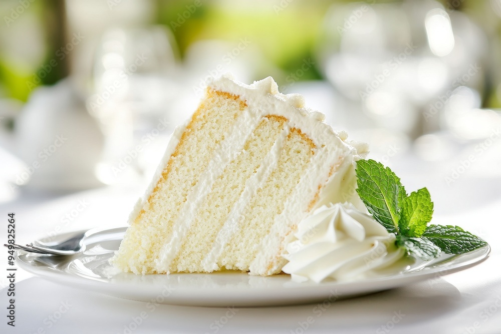 There is whipped cream and mint leaves on top of the cake. There is whipped cream and mint leaves on top of the cake.