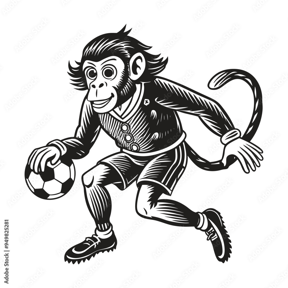 Fototapeta premium A cartoon monkey boy is playing soccer with a ball