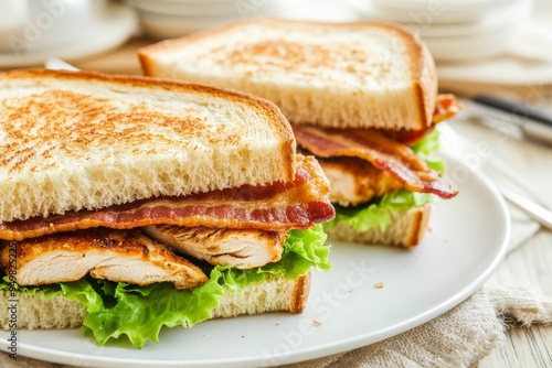 On a white plate there is a turkey sandwich with bacon and lettuce. The sandwich is cut in half and is held together with a toothpick.