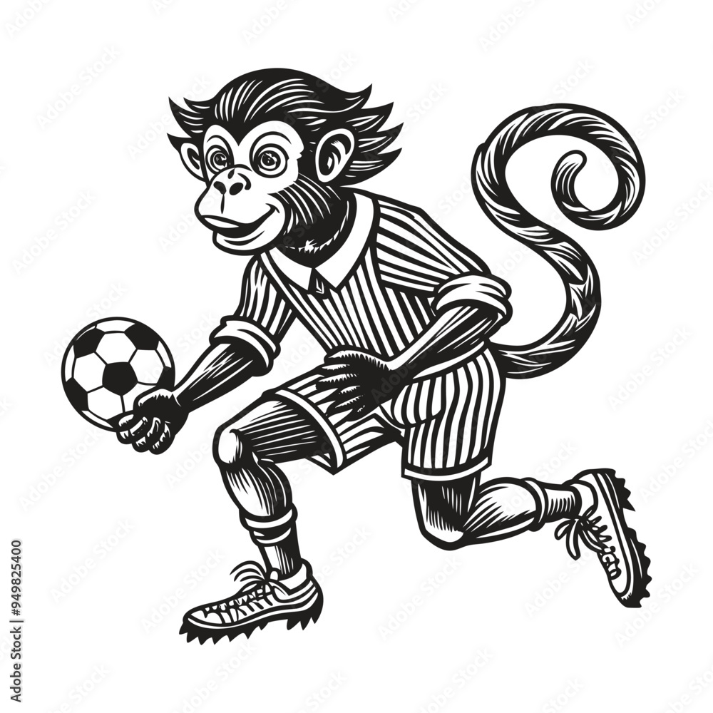 Fototapeta premium A cartoon monkey boy is playing soccer with a ball
