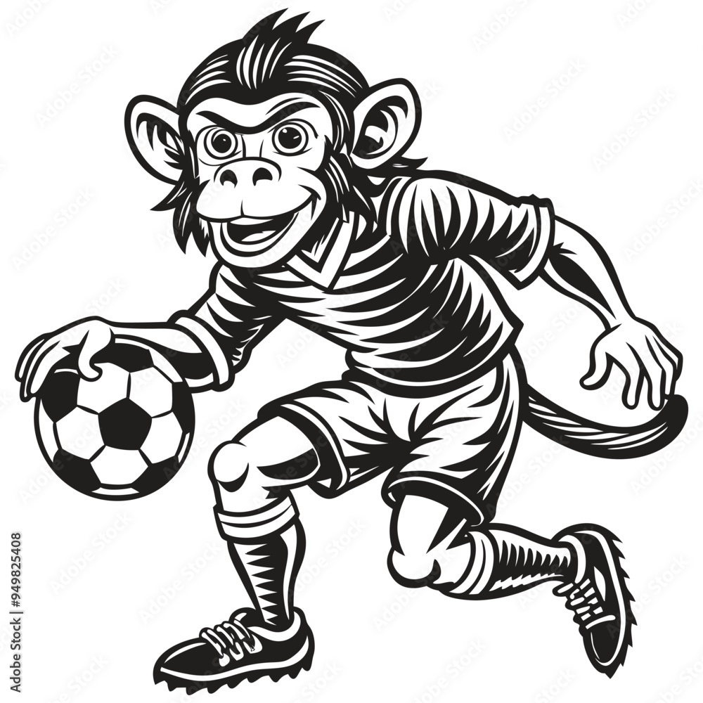 Fototapeta premium A cartoon monkey boy is playing soccer with a ball