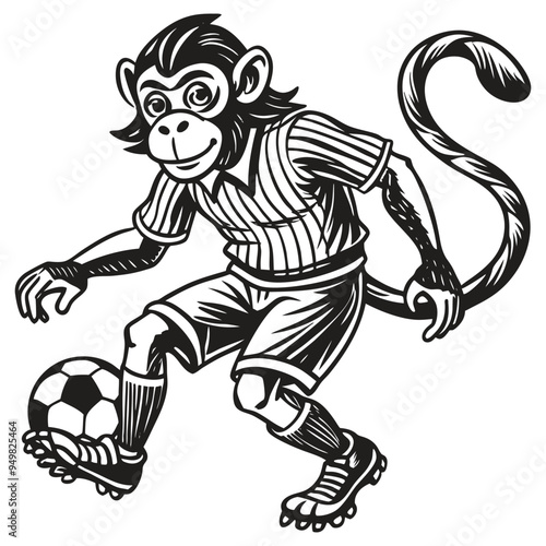 A cartoon monkey boy is playing soccer with a ball