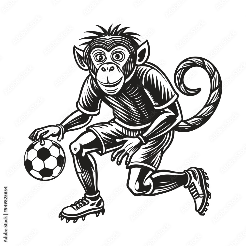 Fototapeta premium A cartoon monkey boy is playing soccer with a ball