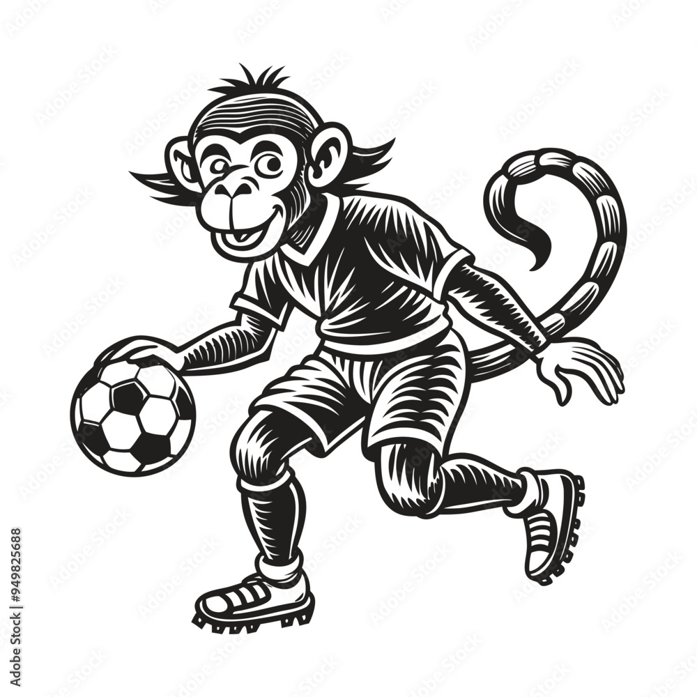 A cartoon monkey boy is playing soccer with a ball A cartoon monkey boy is playing soccer with a ball