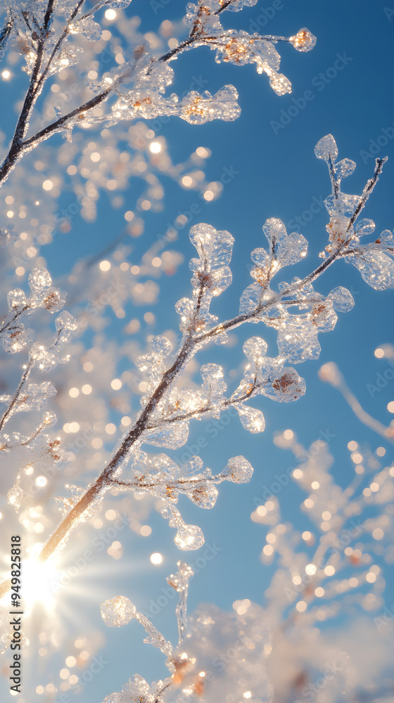 Icy branches of a tree gleaming under the sunlight, sparkling against a serene winter sky photo Icy branches of a tree gleaming under the sunlight, sparkling against a serene winter sky photo