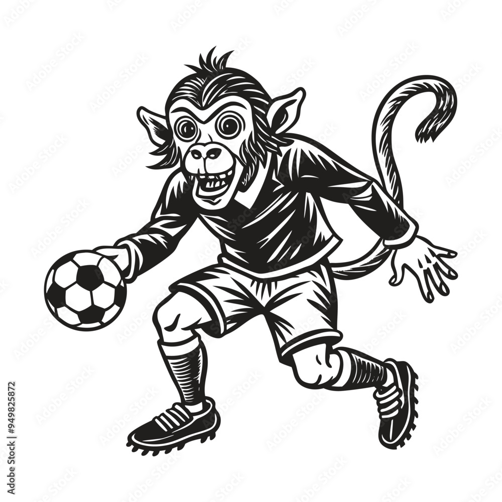 A cartoon monkey boy is playing soccer with a ball A cartoon monkey boy is playing soccer with a ball