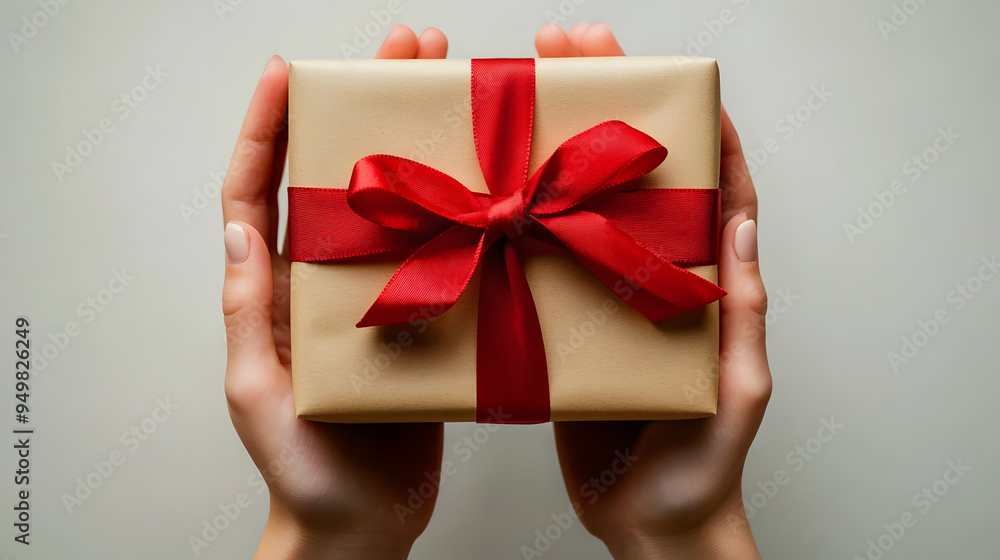Hands holding a wrapped gift box with red ribbon. Hands holding a wrapped gift box with red ribbon.