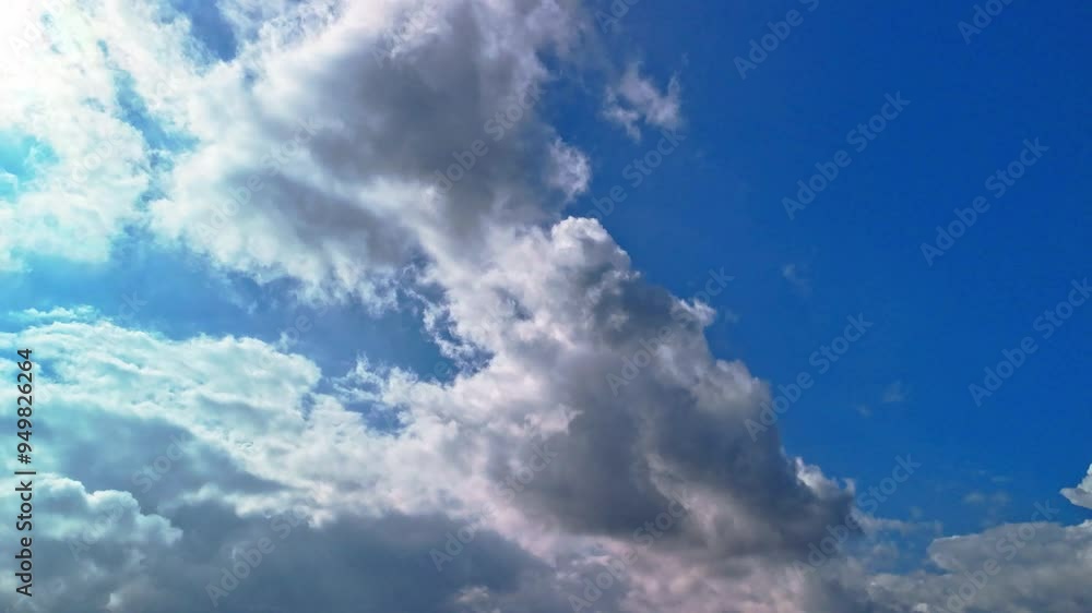 Timelapse of cumulus clouds moving in the blue sky. Time-lapse, sun rays daylight, sunny cloudscape Timelapse of cumulus clouds moving in the blue sky. Time-lapse, sun rays daylight, sunny cloudscape