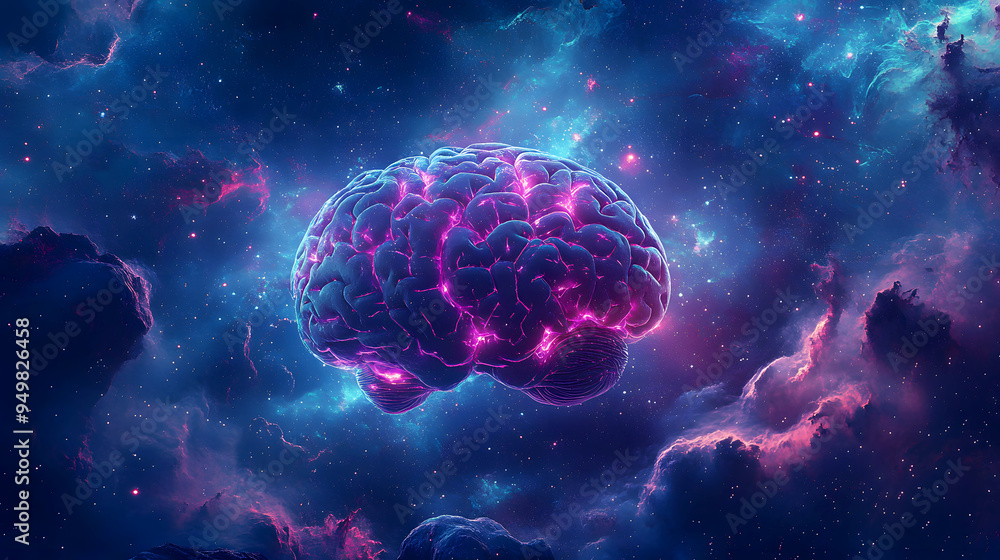 A surreal digital illustration of a human brain with glowing plexus lines, floating in a cosmic environment filled with stars, galaxies, and swirling nebulae A surreal digital illustration of a human brain with glowing plexus lines, floating in a cosmic environment filled with stars, galaxies, and swirling nebulae